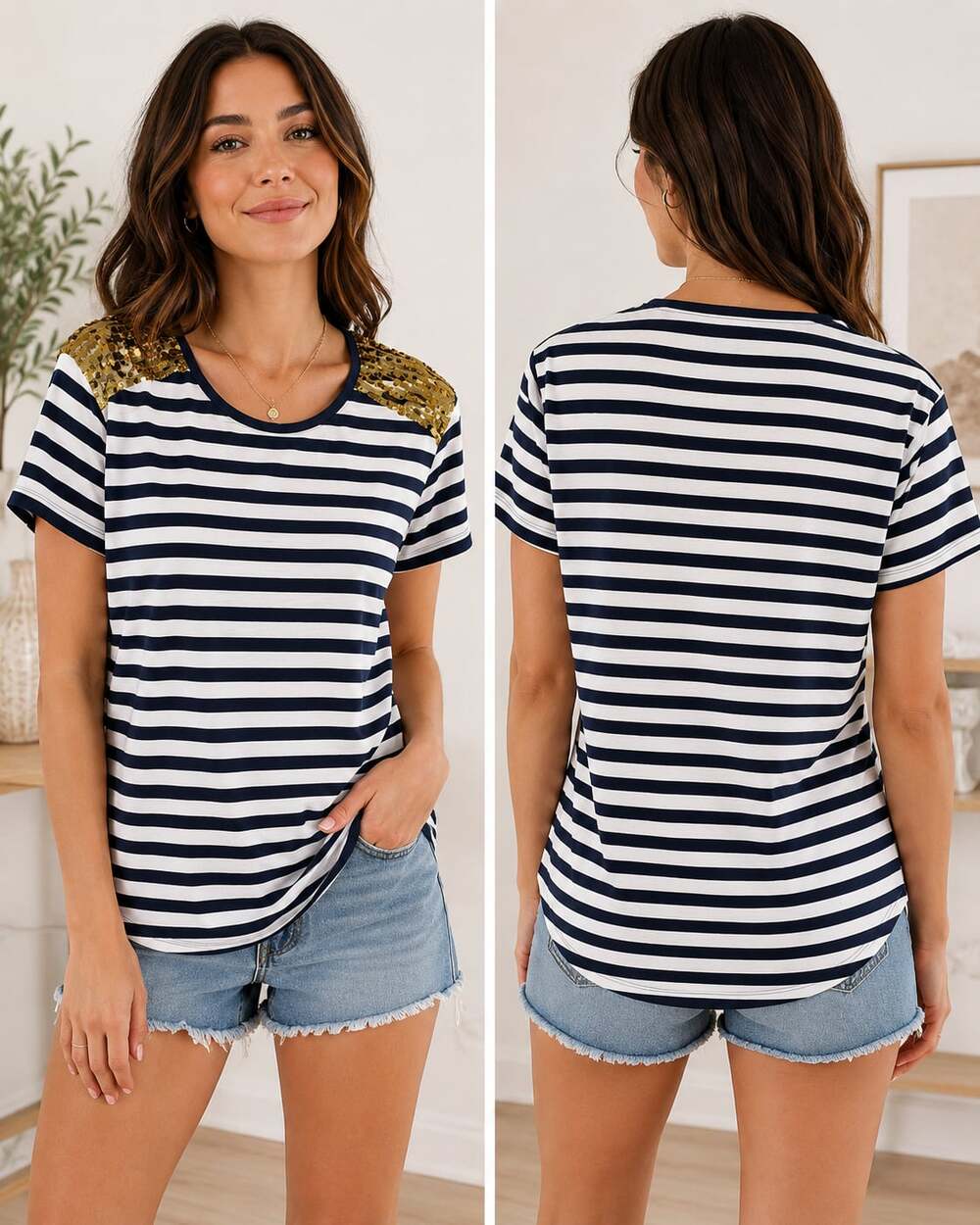 THML Black and White Striped Short Sleeve Top with Gold Sequin Shoulder Accents